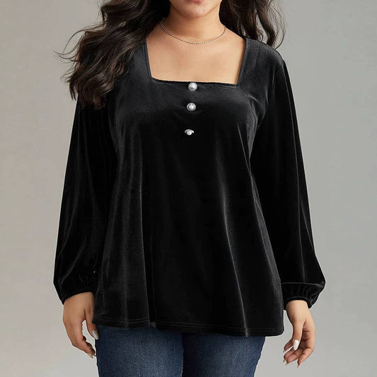 Velvet Top Square Neck Lantern Sleeves Slim Fit