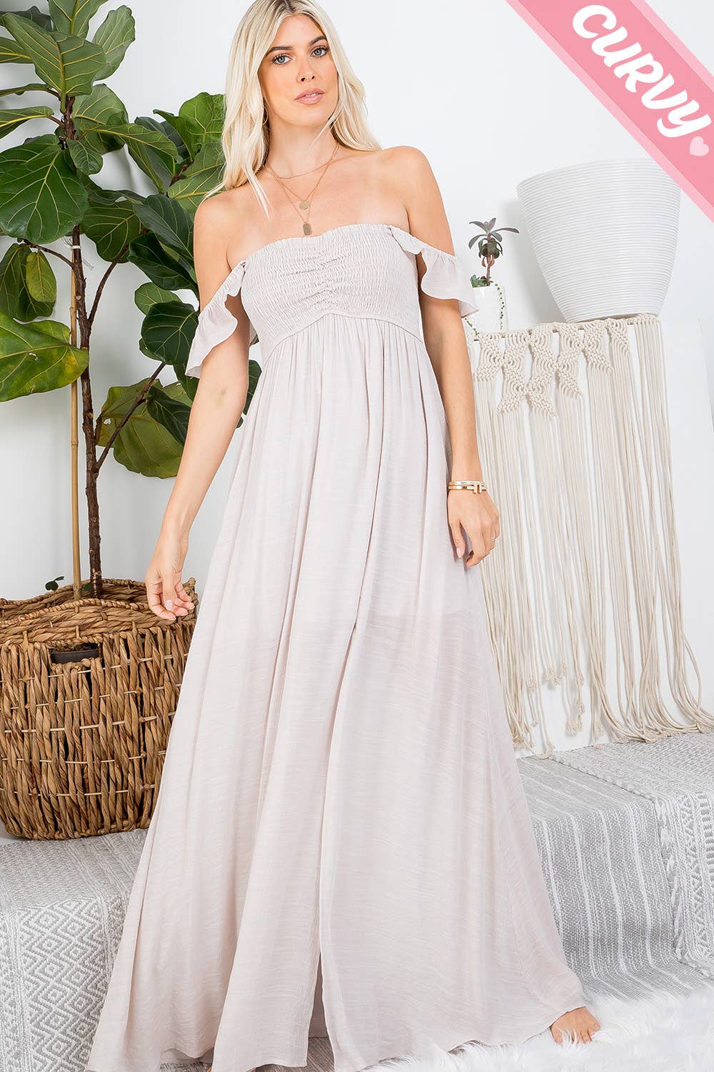 FLOWY RUFFLE SLEEVE SMOCKED MAXI PLUS SIZE  DRESS
