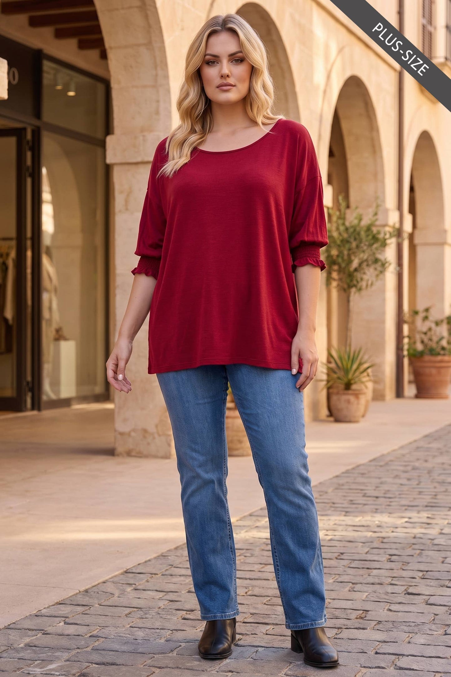 PLUS SIZE Oversized Smocked 3/4 Sleeve Poncho Blouse