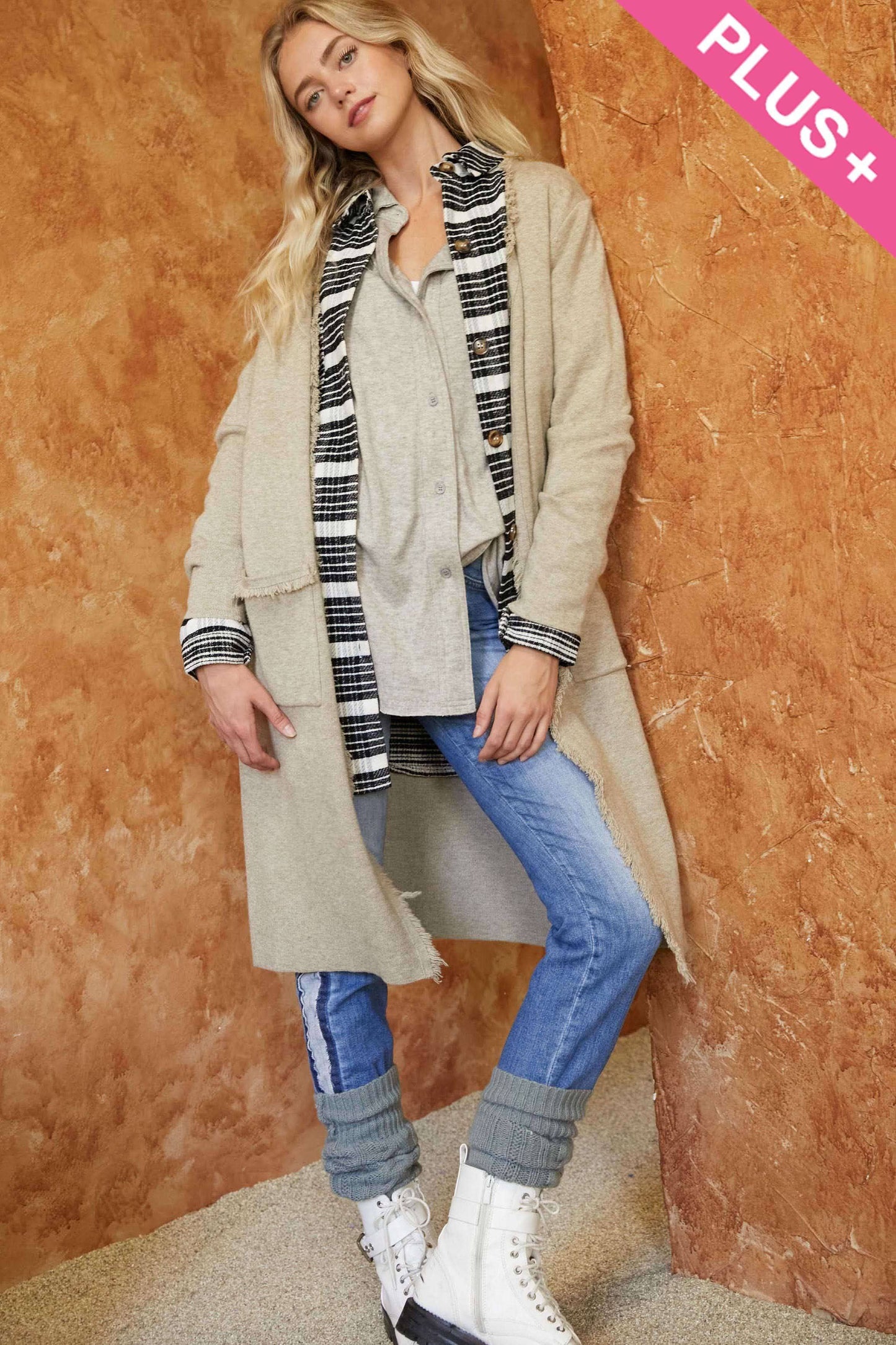PLUS SOLID LONG SLEEVE FRINGE POCKETS CARDIGAN