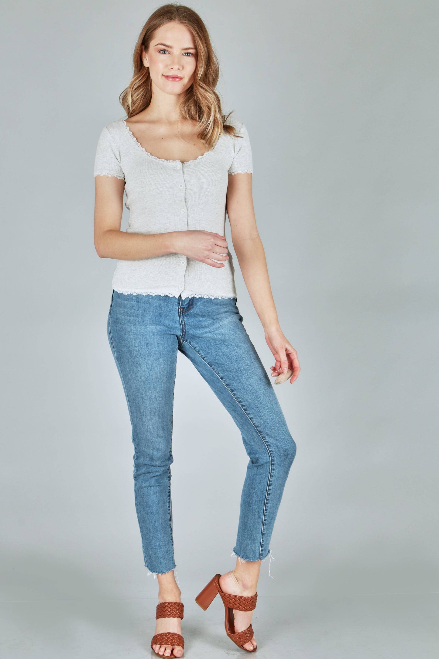 Solid rib button top with dtm edge lace- plus (P17893-PLUS)