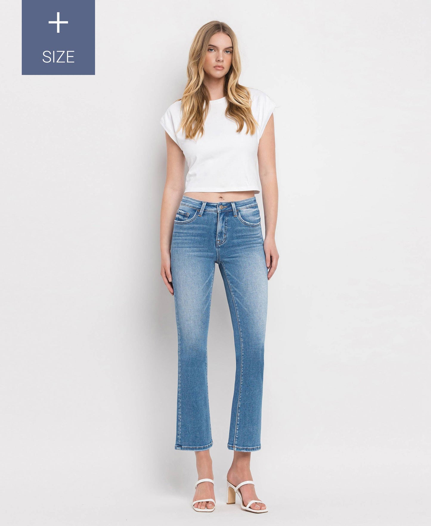 PLUS SIZE TUMMY CONTROL MID RISE CROP FLARE JEANS LV1357-P