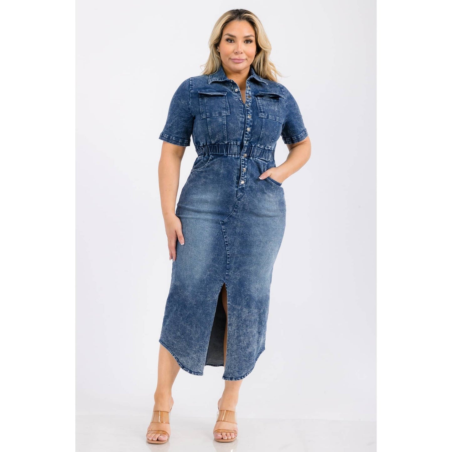 PLUS SIZE DENIM COLLARED BUTTON DOWN ELASTIC WAIST FRONT SLI