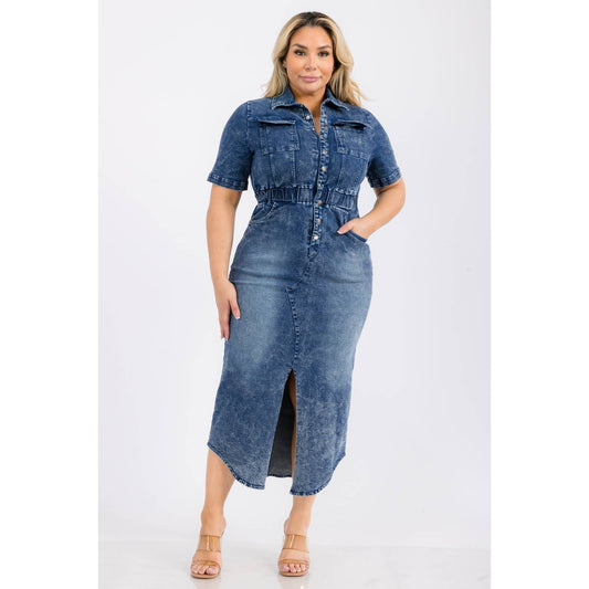PLUS SIZE DENIM COLLARED BUTTON DOWN ELASTIC WAIST FRONT SLI
