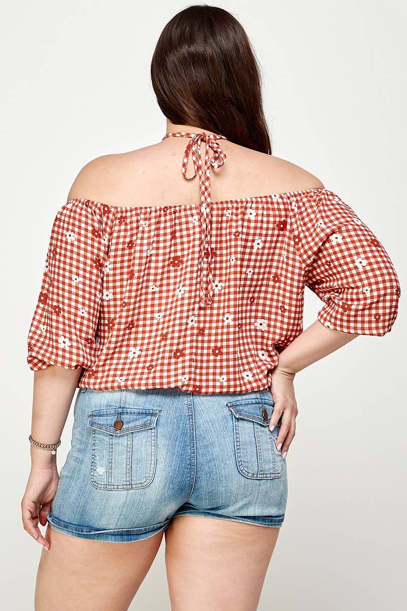 Plus Size Checker Off Shoulder Halter Top - WG17823-4T