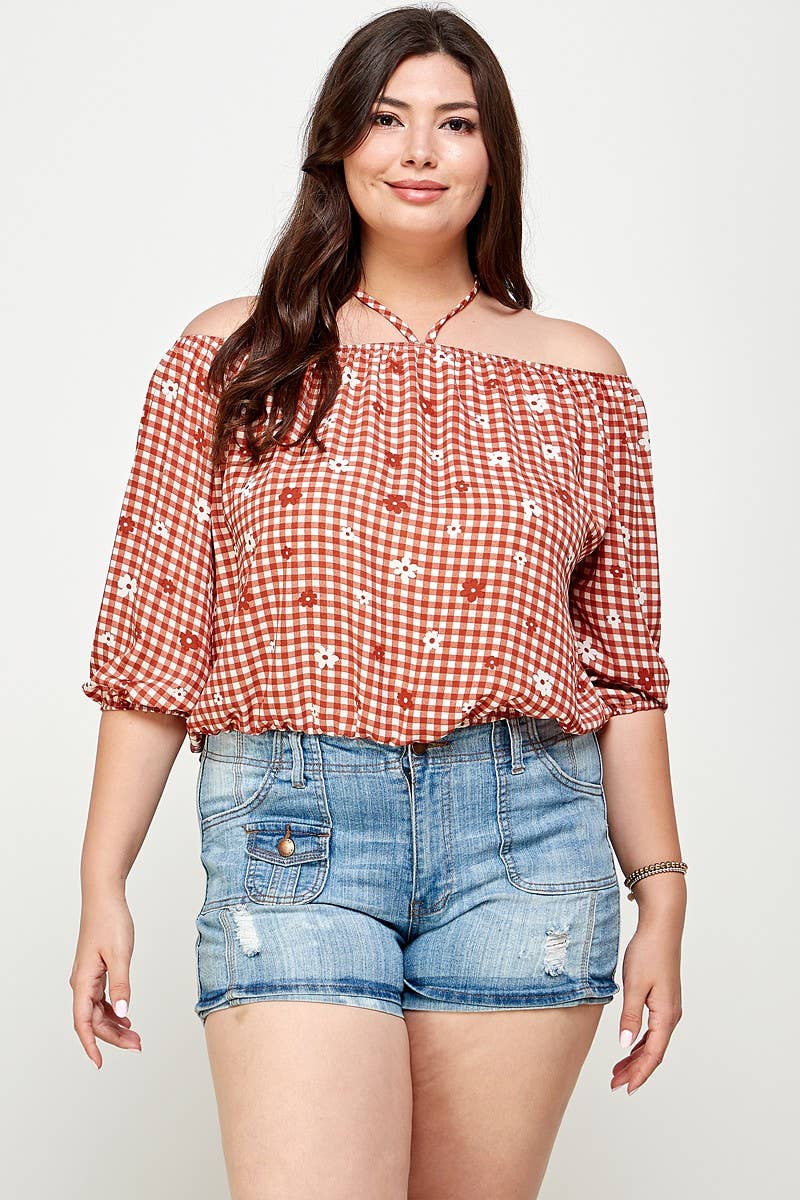 Plus Size Checker Off Shoulder Halter Top - WG17823-4T