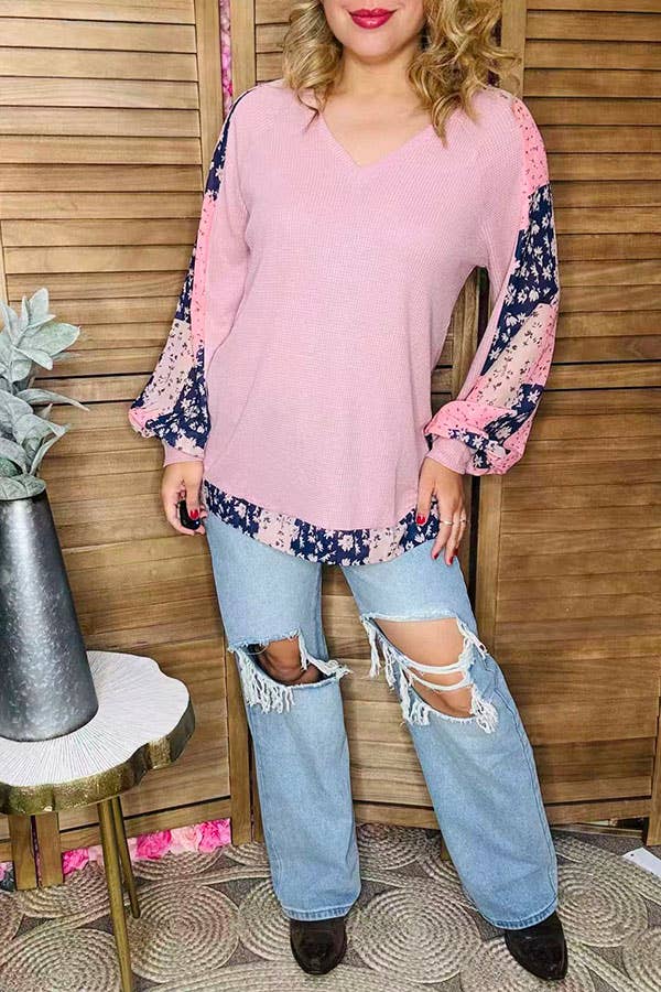 Pink Waffle chiffon floral long sleeve women blouse GJQ15675