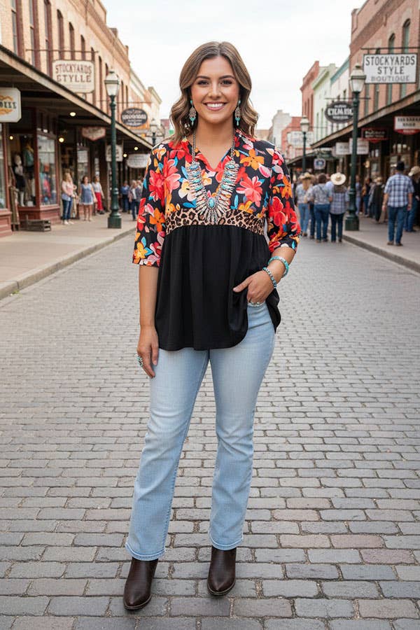 Floral & leopard & black half sleeves women top GJQ16303