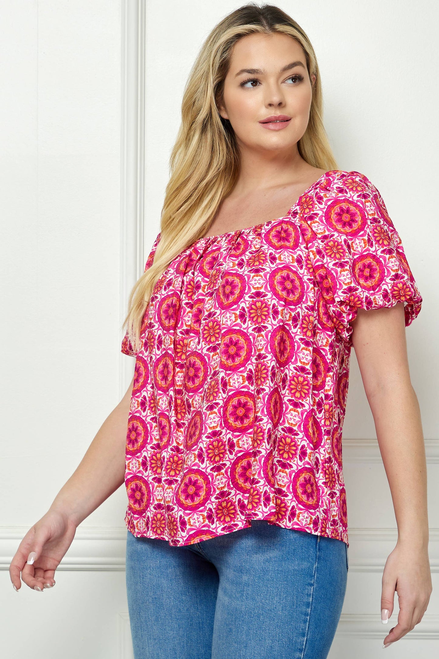 PLUS SIZE SHORT BUBBLE SLEEVE TRAPEZE BLOUSE G230550A49X