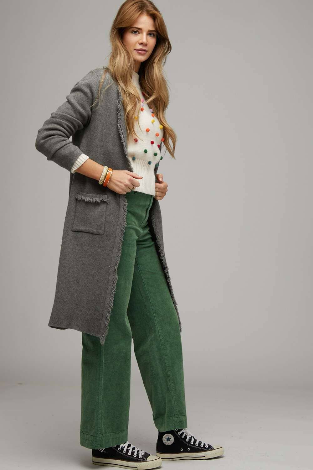 PLUS SOLID LONG SLEEVE FRINGE POCKETS CARDIGAN