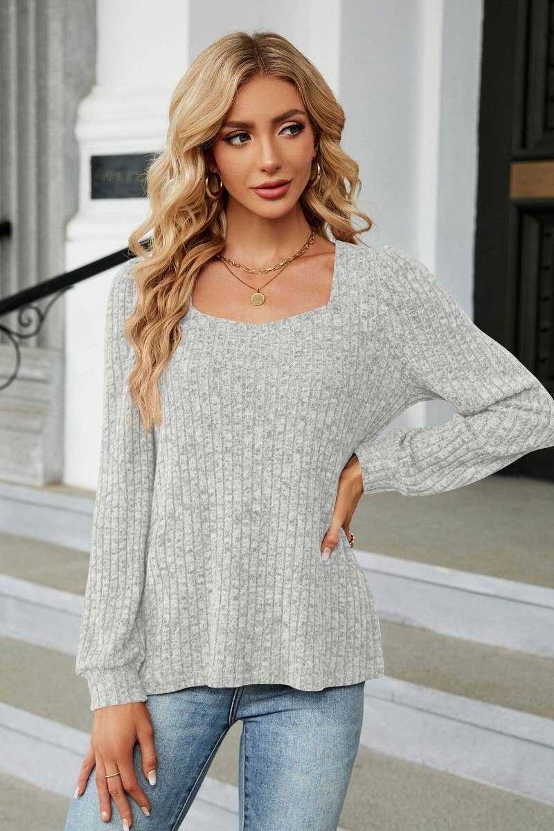 CWOSWL6538_SOLID COLOR SQUARE COLLAR LONG-SLEEVED SWEATER