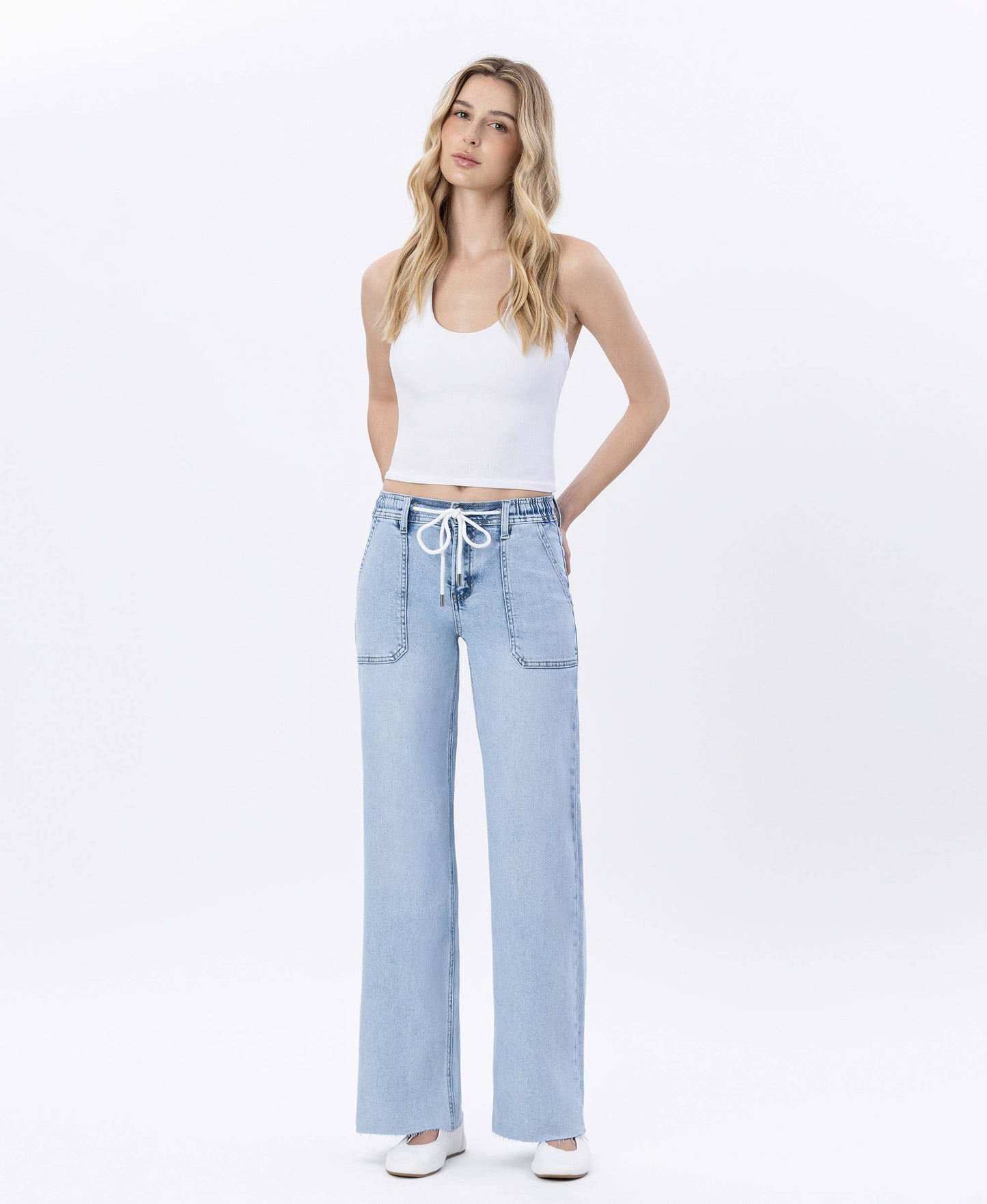 HIGH RISE DRAWSTRING WAISTBAND WIDE LEG JEANS LV1902