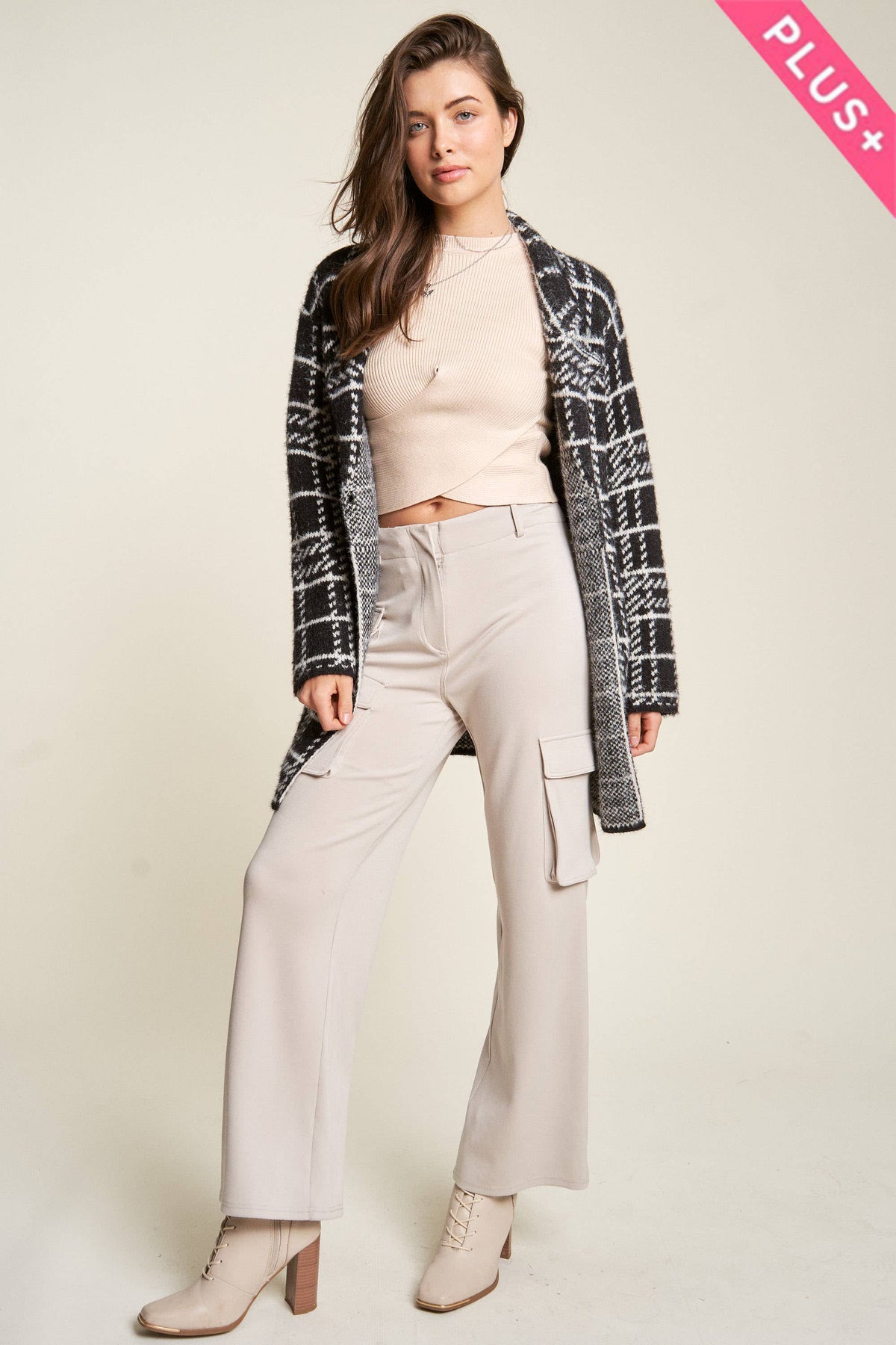 Plus - Plaid Knit Lapel Collar Button Front Long Coat