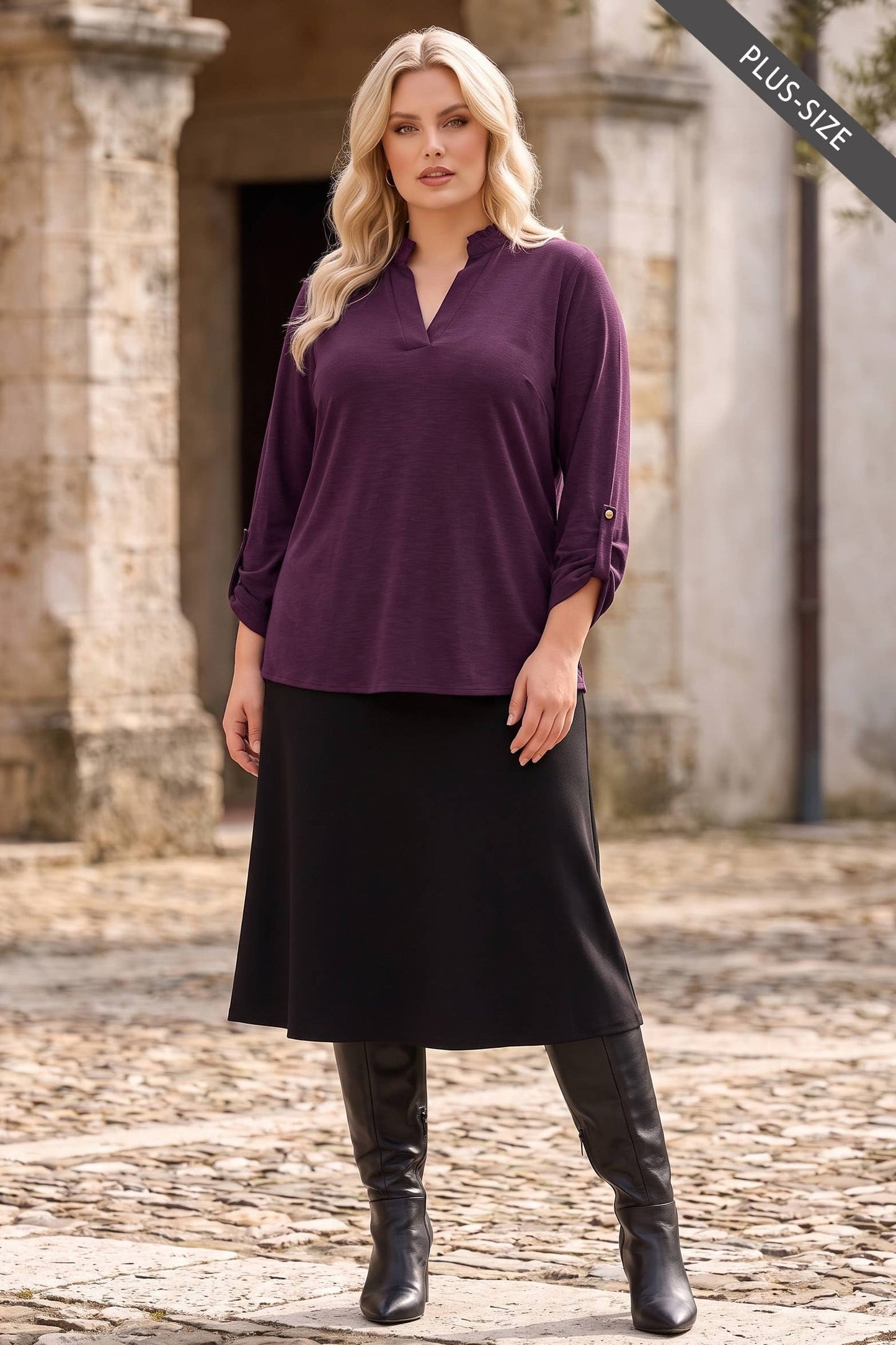 PLUS SIZE Ruffled Collar Lizzy 3/4 Sleeve Lightweight Blouse