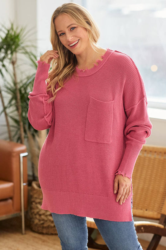 Plus Pullover Crew Neck Distressed Tunic Sweater-PSW4888