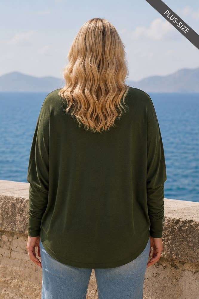 PLUS SIZE Drop Shoulder Round Hem Long Sleeve Top