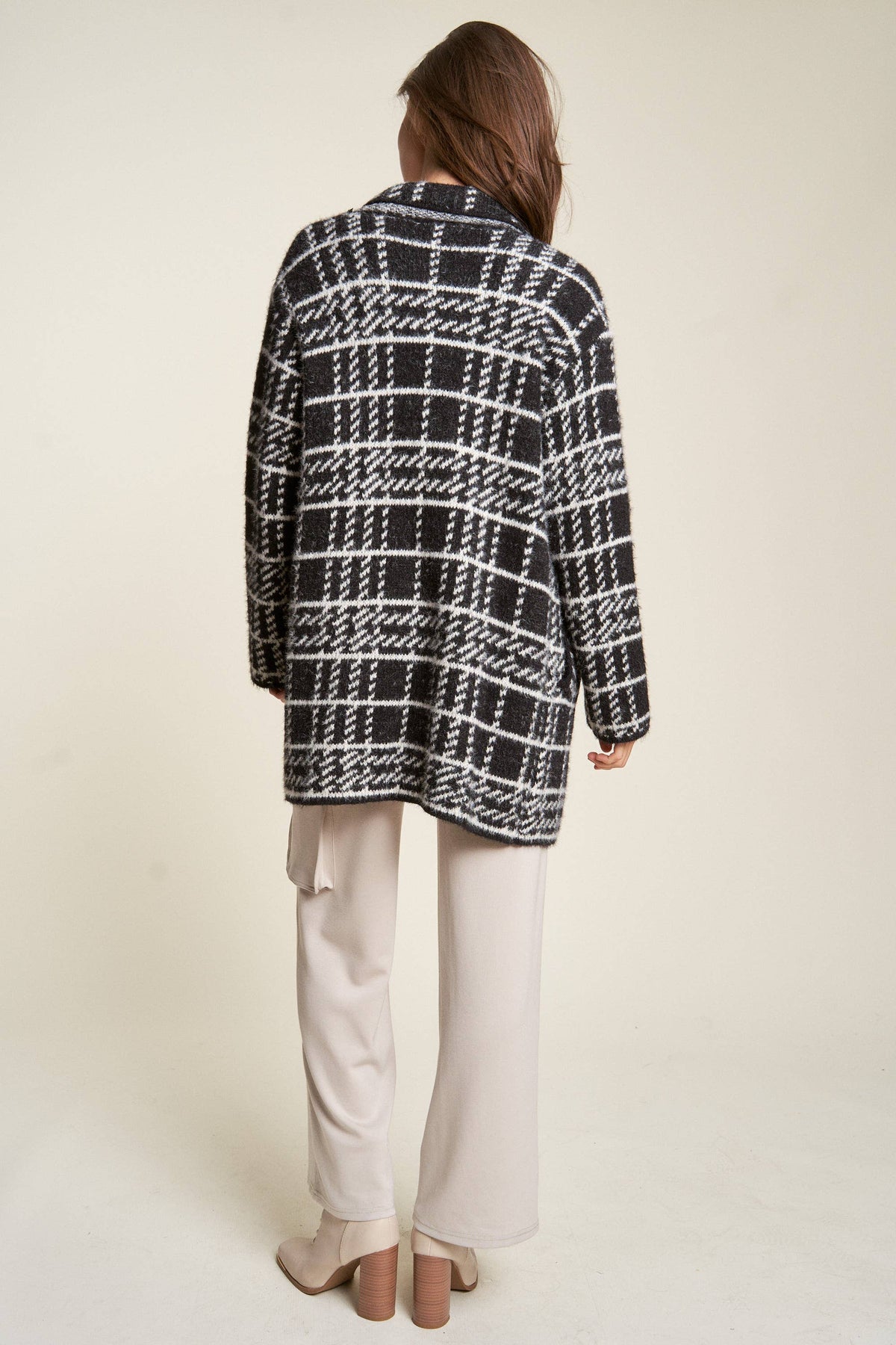 Plus - Plaid Knit Lapel Collar Button Front Long Coat