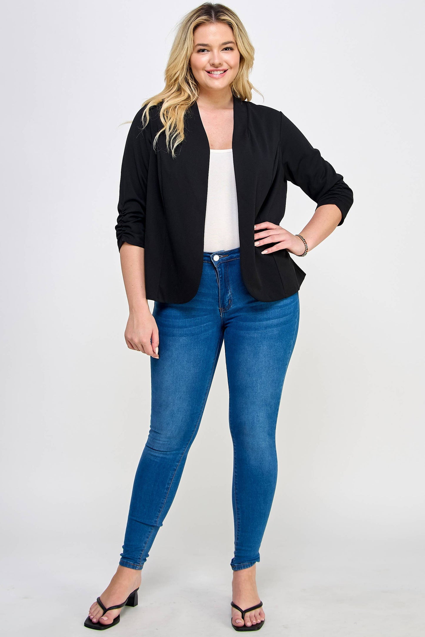 Plus Size Ruched 3/4 Sleeve Blazer - WG18353-J