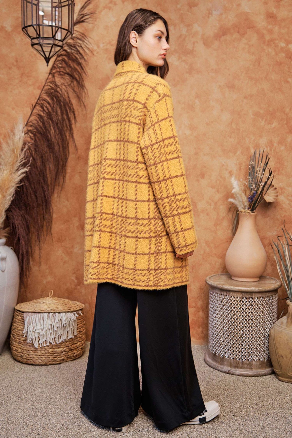 Plus - Plaid Knit Lapel Collar Button Front Long Coat