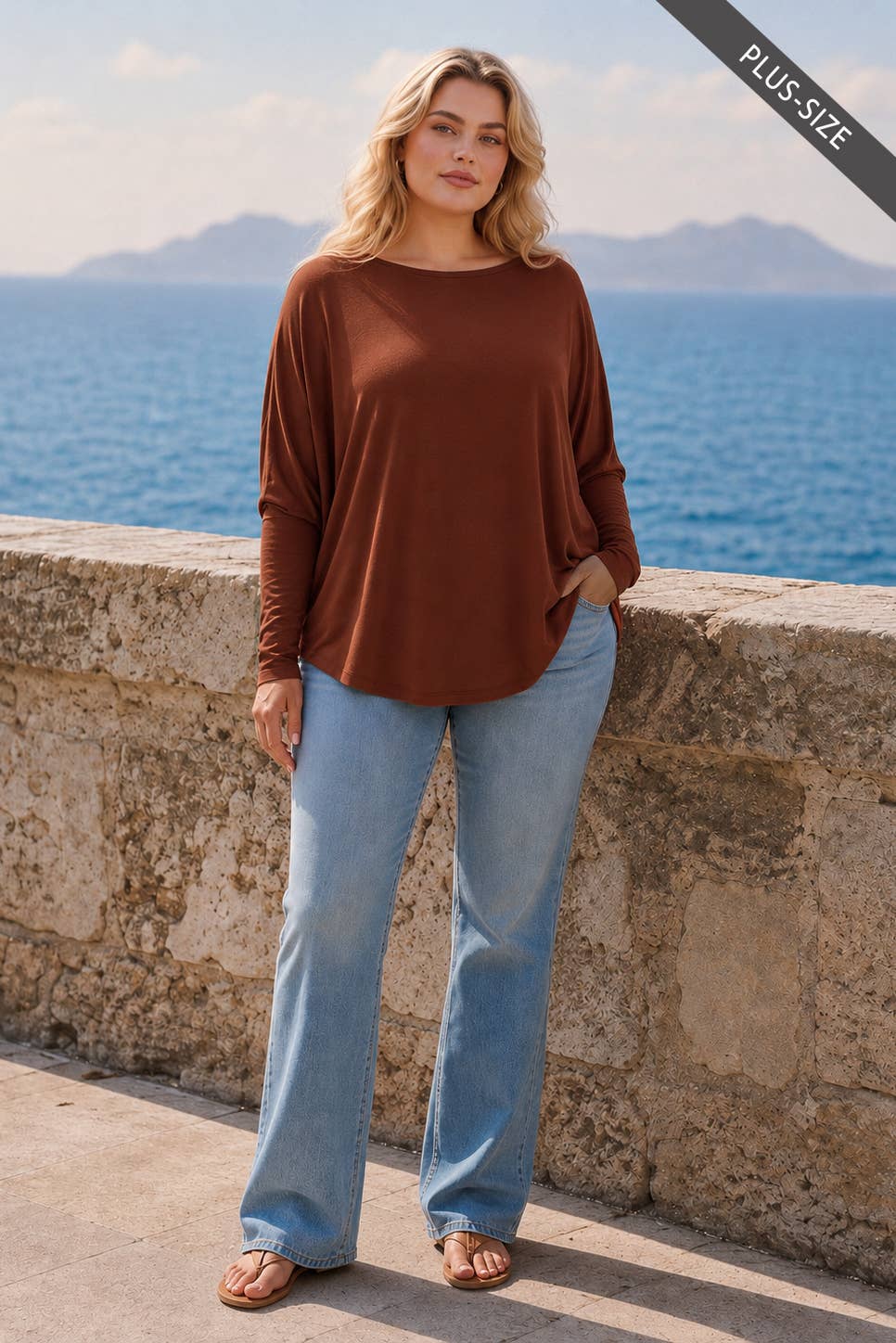 PLUS SIZE Drop Shoulder Round Hem Long Sleeve Top