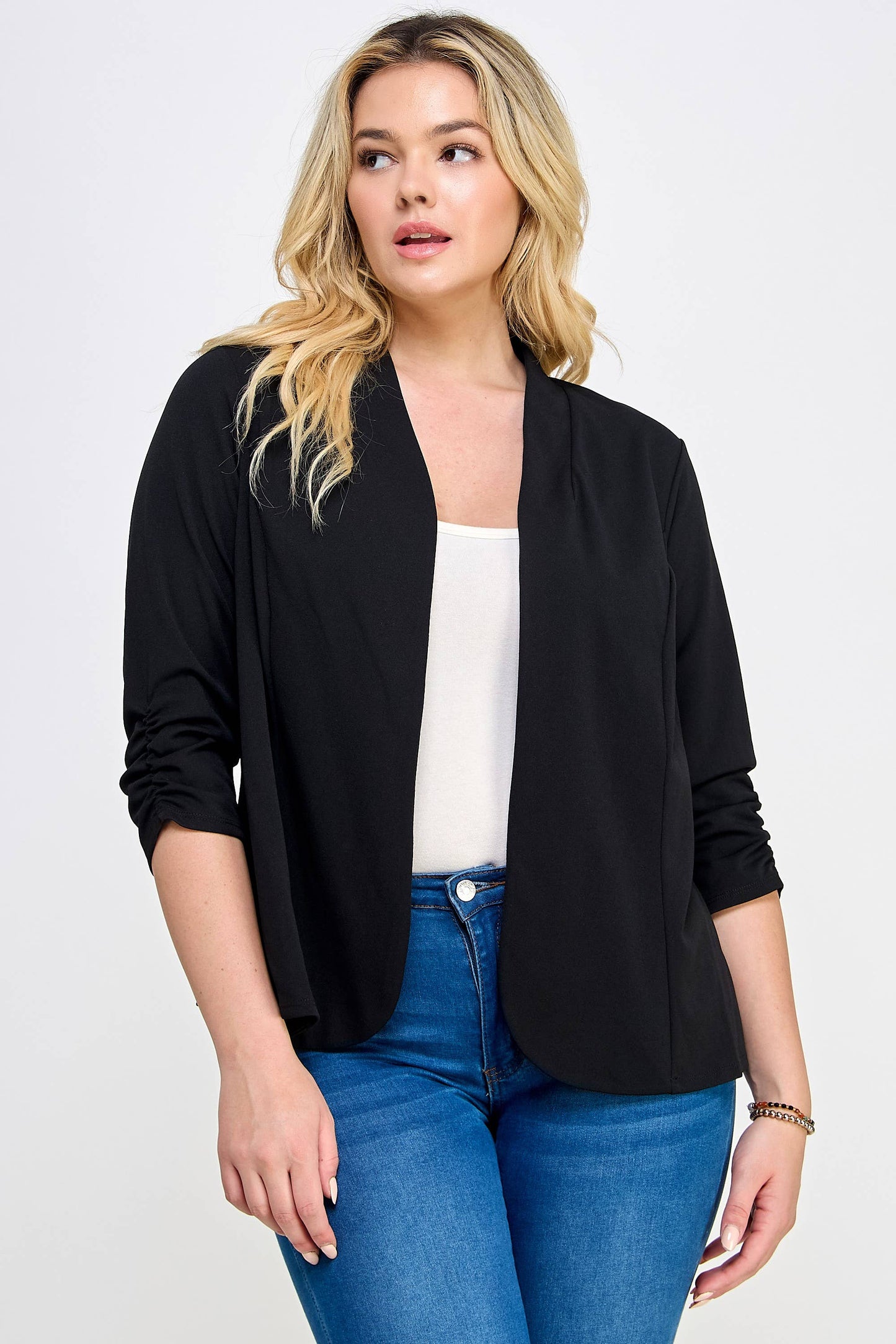 Plus Size Ruched 3/4 Sleeve Blazer - WG18353-J
