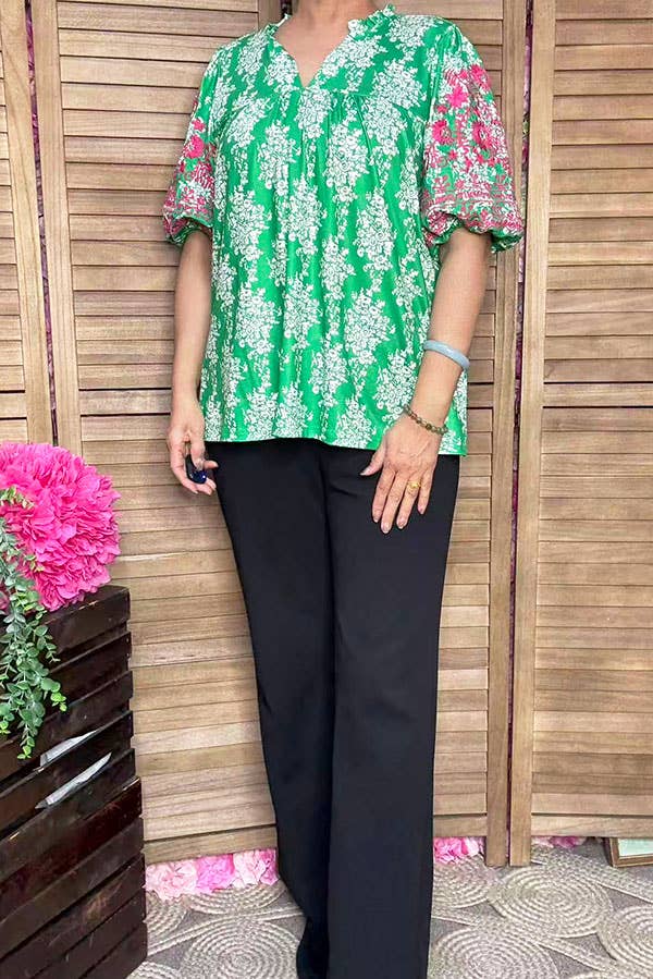 Pink floral emboridery puff sleeves women blouse XCH16810