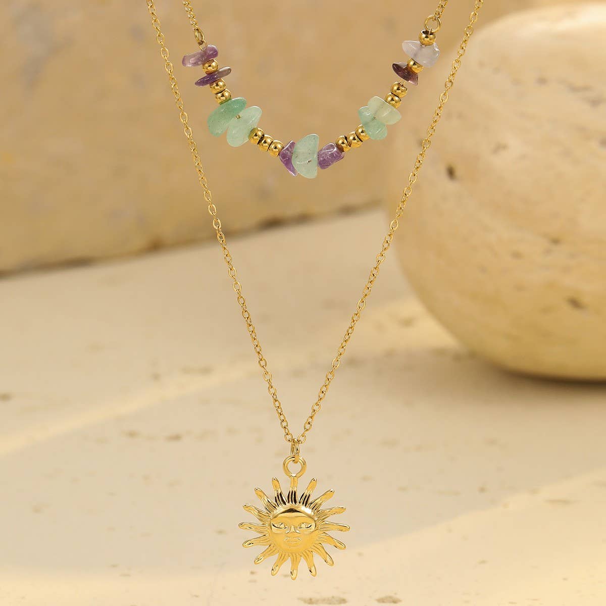 Boho Sun Pendant Natural Stone Beaded Necklace_CWMM12764
