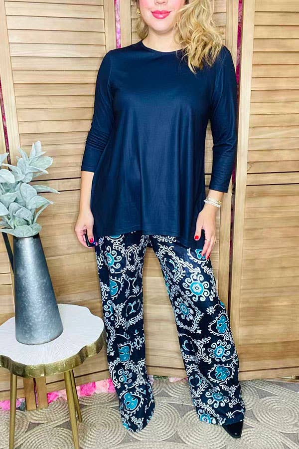 Blue 3/4 sleeve top & paisley pant women sets  GJQ15672