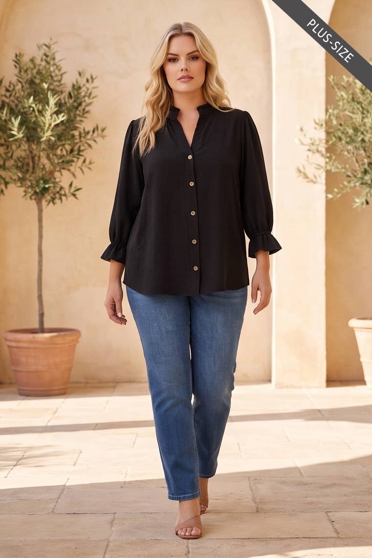 PLUS SIZE Ruffle 3/4 Sleeve Button Down Front Blouse