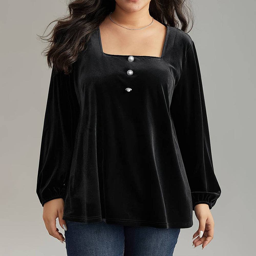 Velvet Top Square Neck Lantern Sleeves Slim Fit