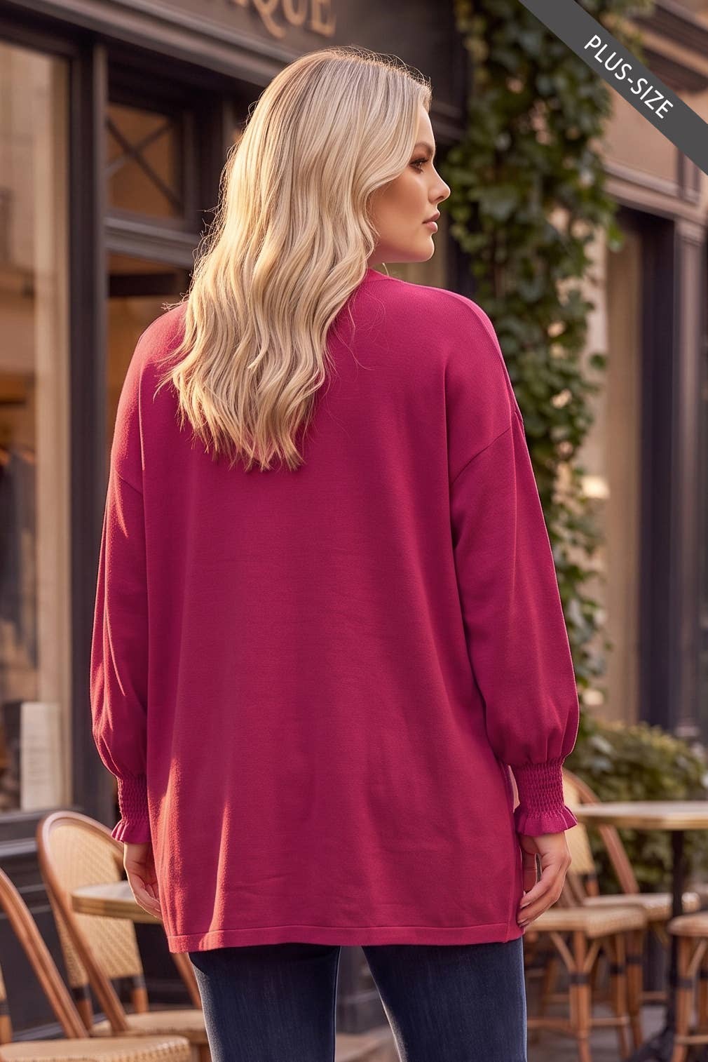 PLUS SIZE Soft Hacci Smocked Sleeve Open Front Cardigan
