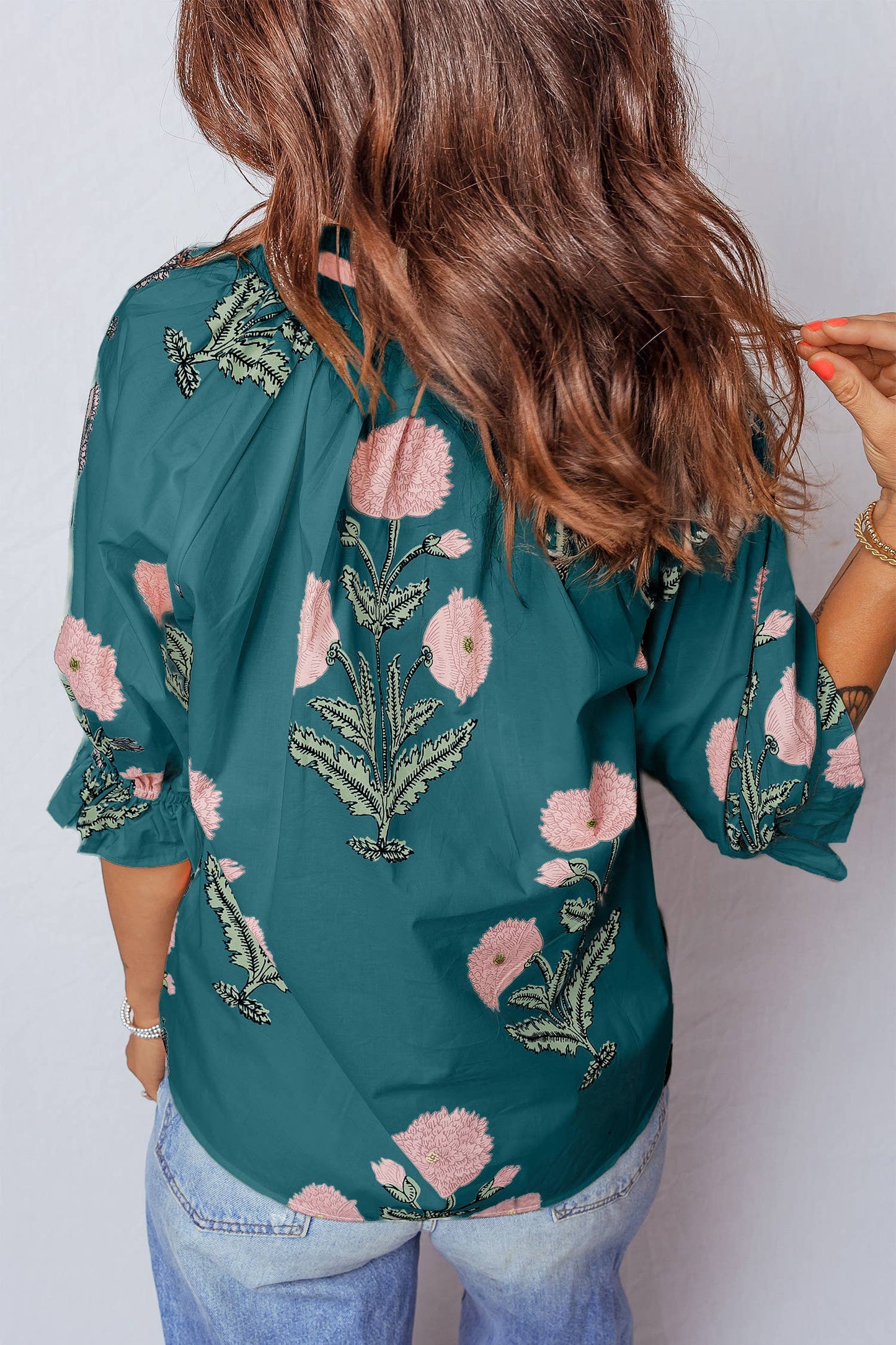 Plus Size Wild Flower Print V Neck 3/4 Sleeve Blouse (S-4X)
