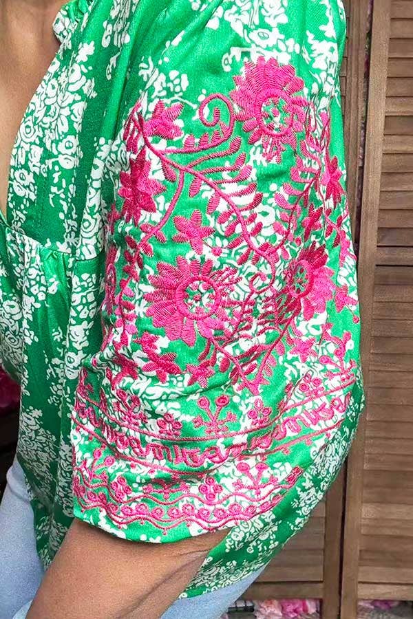 Pink floral emboridery puff sleeves women blouse XCH16810