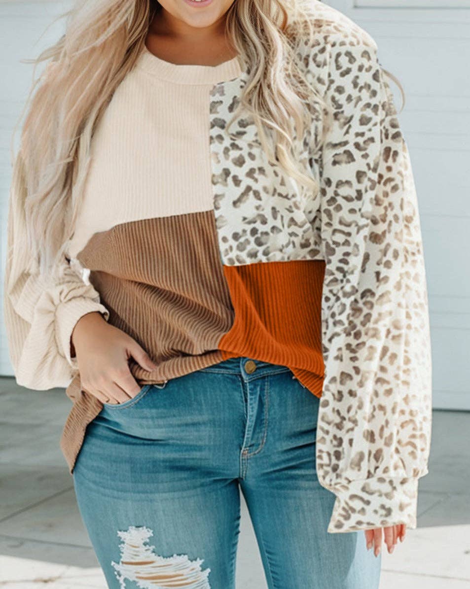 Colorblock Leopard Splicing Top Plus Size