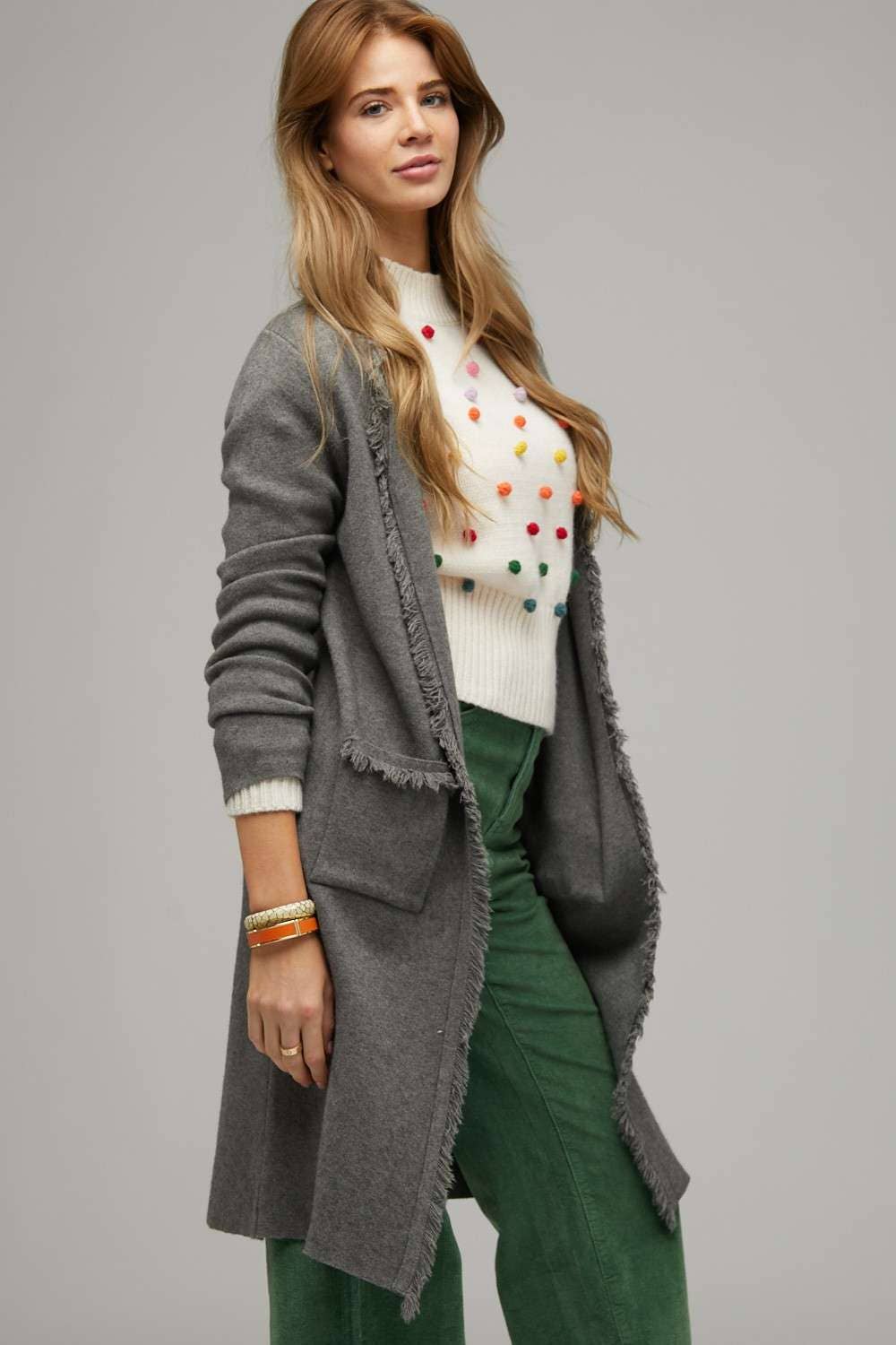 PLUS SOLID LONG SLEEVE FRINGE POCKETS CARDIGAN