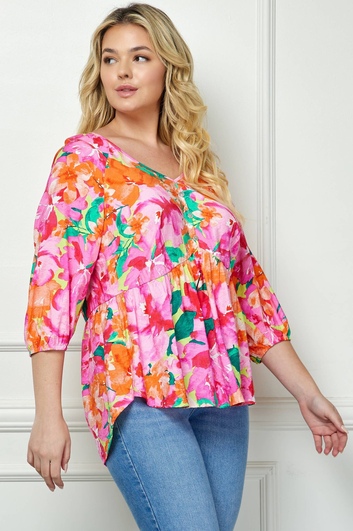PLUS SIZE BLOOMING SUNSET FLORAL BABYDOLL TOP