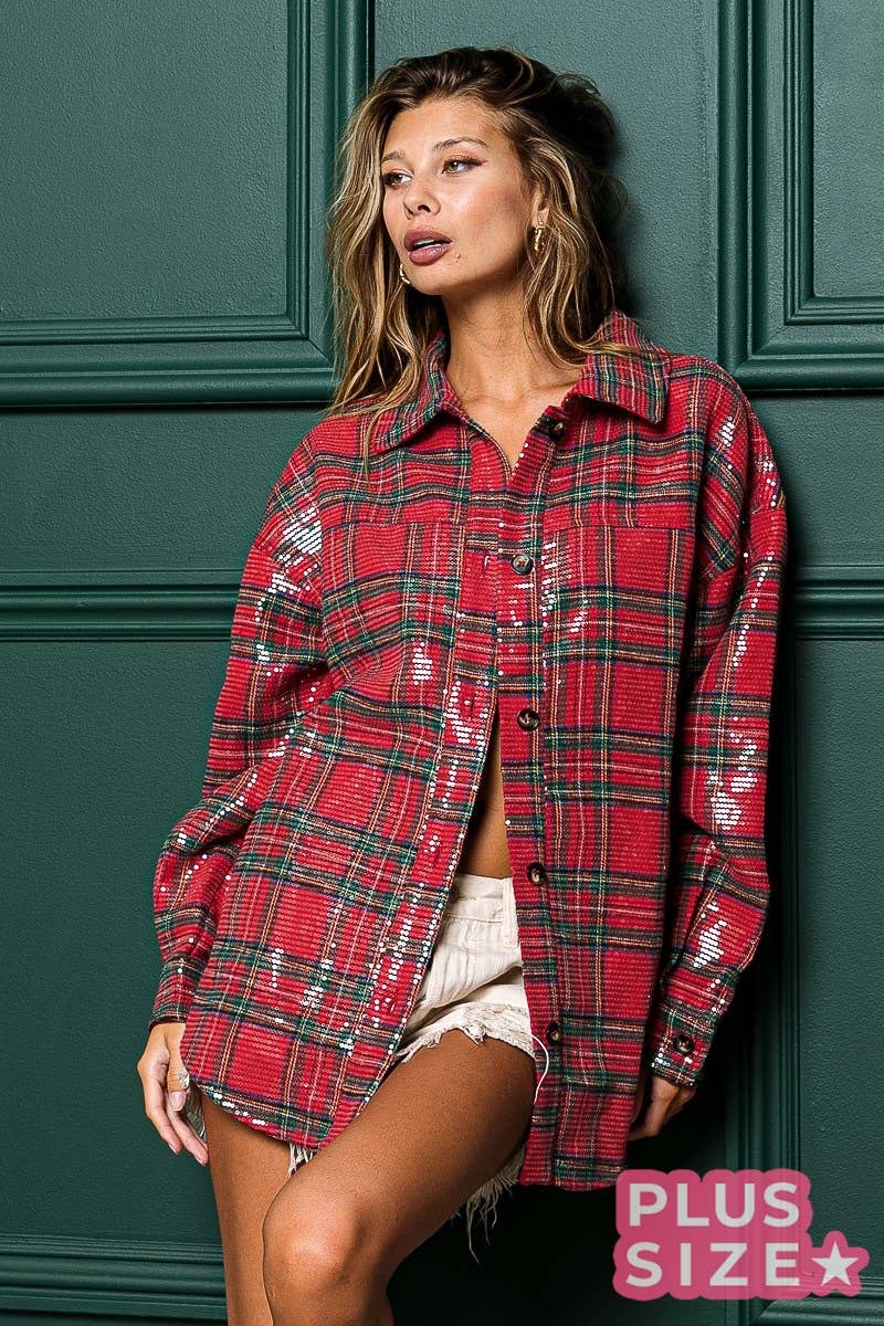 PLUS CLEAR SEQUIN PLAID CHRISTMAS SHIRT
