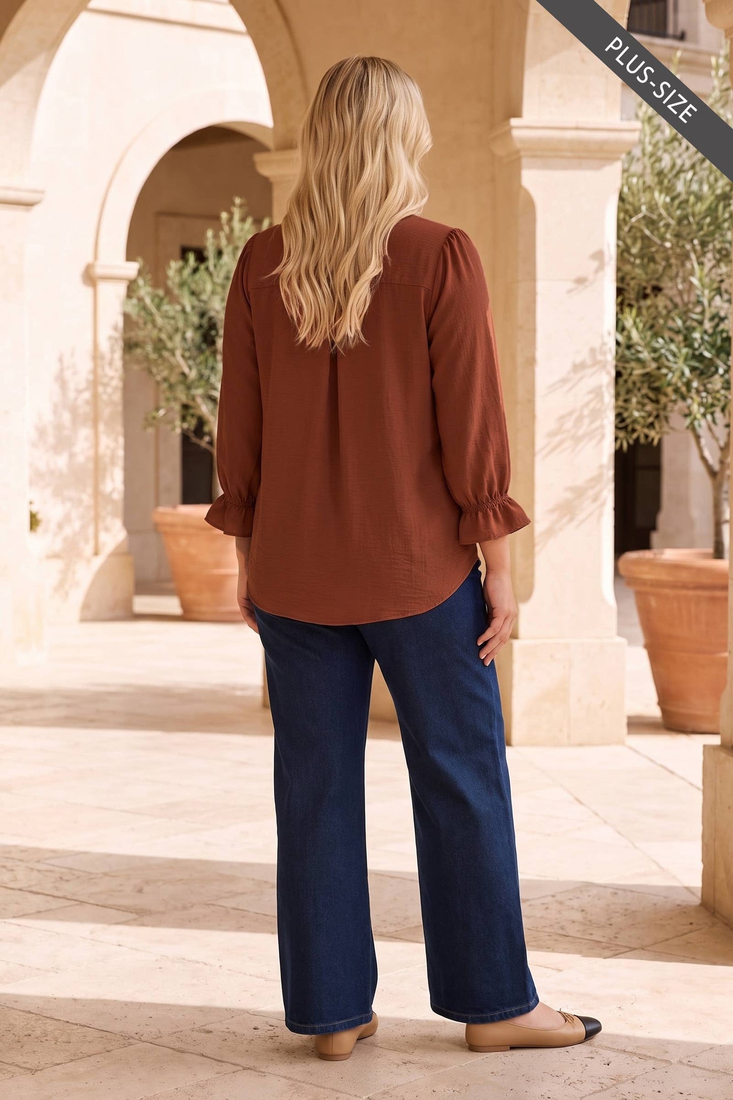 PLUS SIZE Ruffle 3/4 Sleeve Button Down Front Blouse