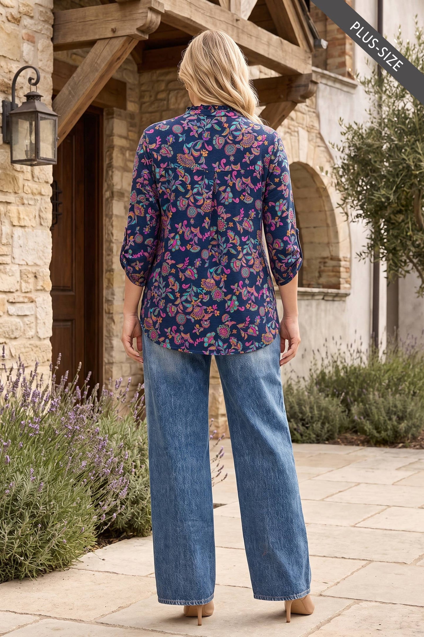 PLUS SIZE Ruffled Collar Lizzy 3/4 Sleeve Lightweight Blouse