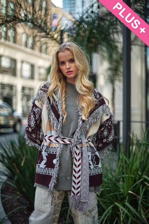 Plus - Fringe Trim Jacquard Belted Cardigan