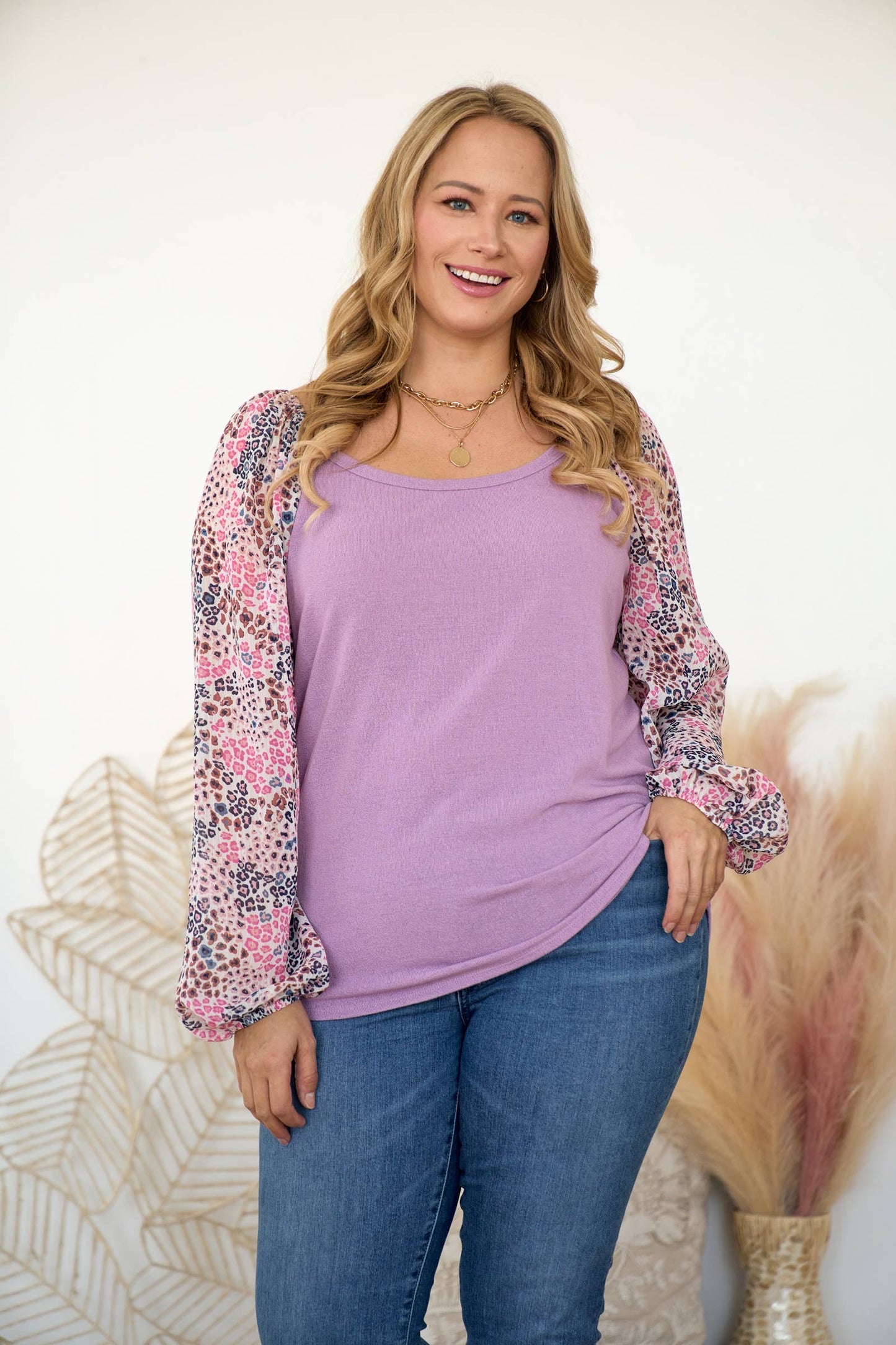 Plus woven and knit mixed long sleeve plus top-PLT6738