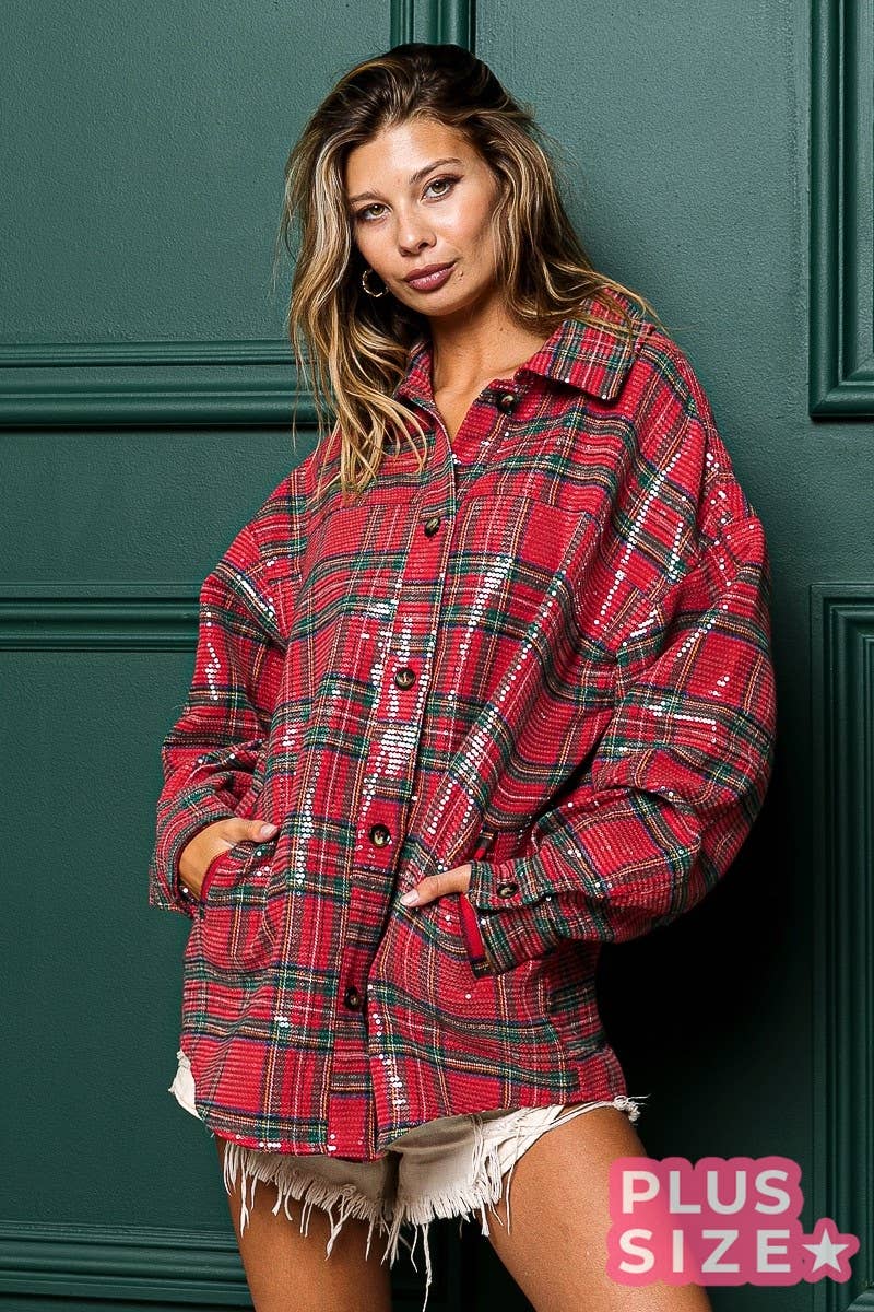 PLUS CLEAR SEQUIN PLAID CHRISTMAS SHIRT