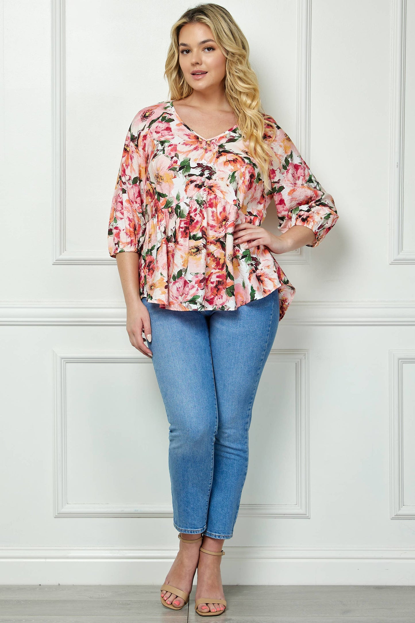 PLUS SIZE BLOOMING SUNSET FLORAL BABYDOLL TOP