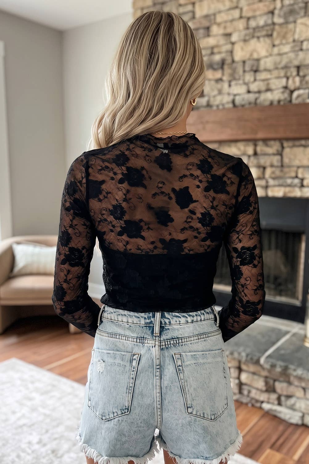 Fashion-W Sheer Floral Lace Mesh Mock Neck Long Sleeve Top