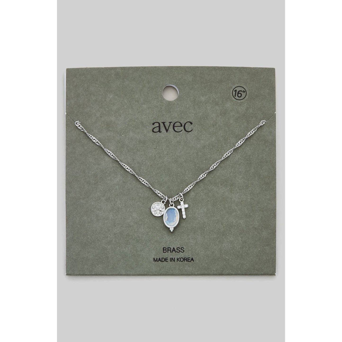 OVAL STONE CZ CROSS THREE CHARM NECKLACE