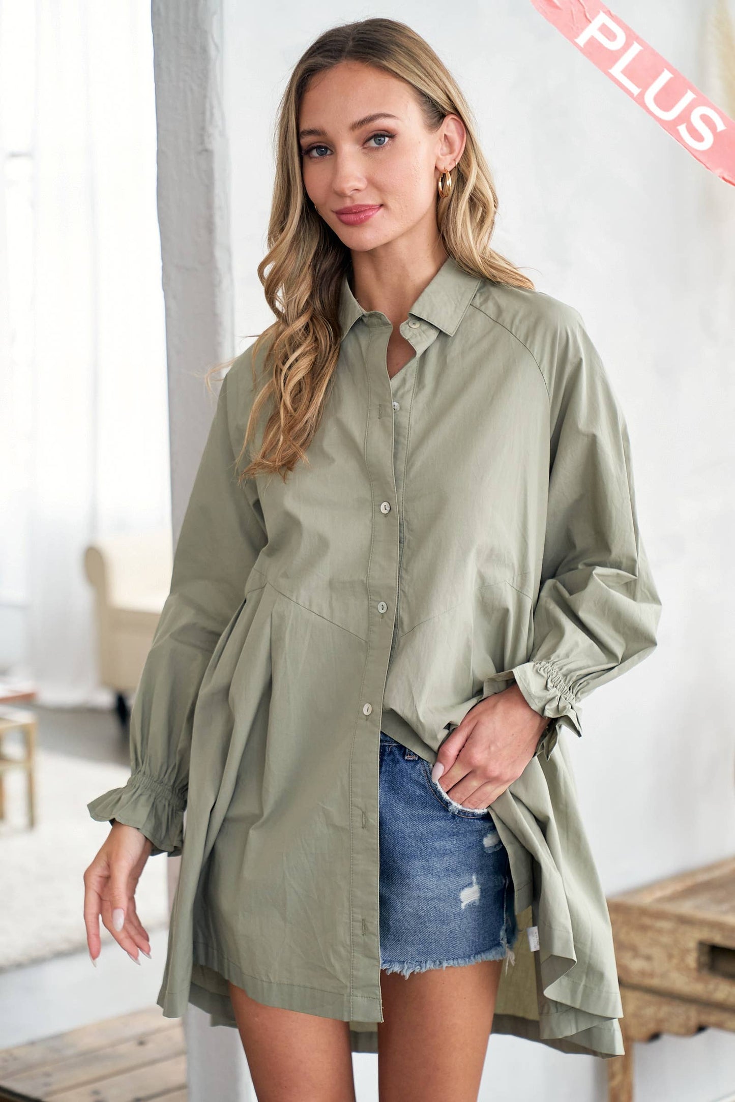 Plus raglan sleeve button shirt dress-PILD10706