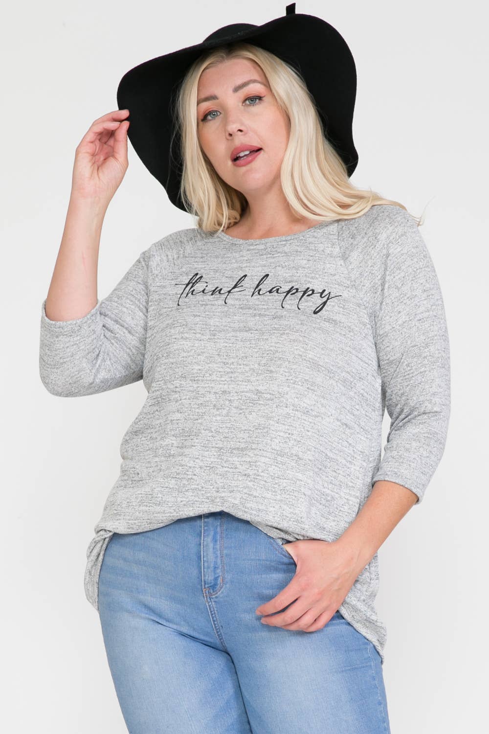 Plus Size 3/4 Sleeve "Think Happy" Graphic Top