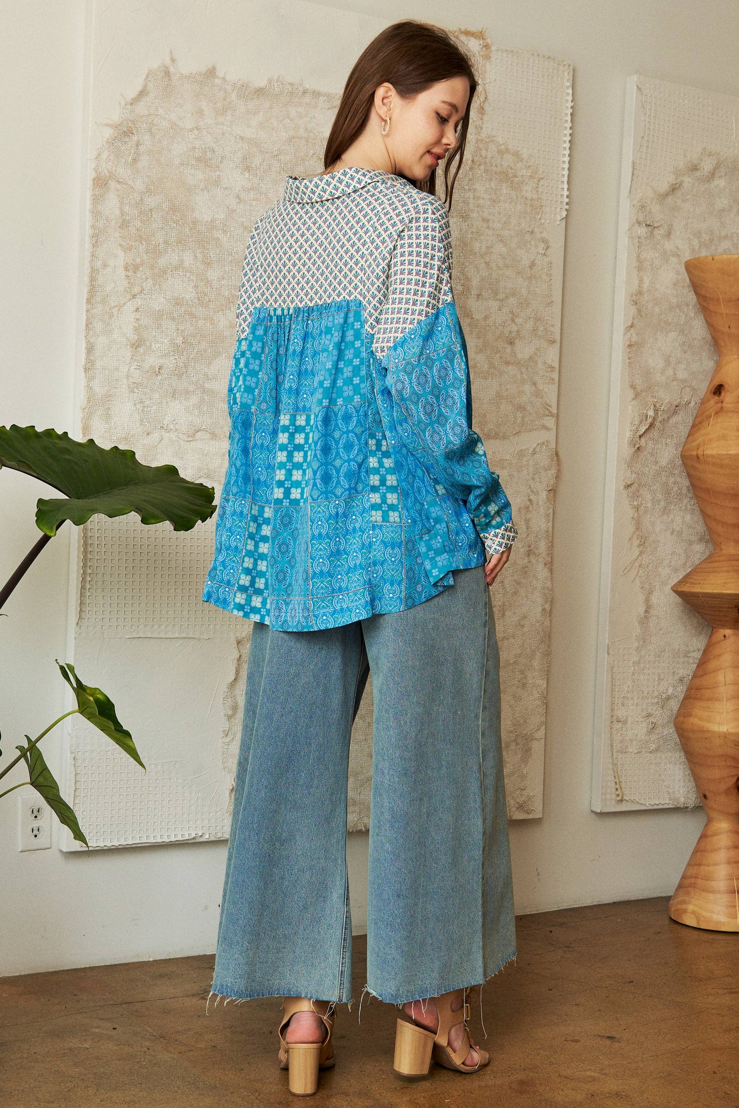 PLUS GEO MIXED BUTTON FRONT SLOUCHY RELAXED TOP