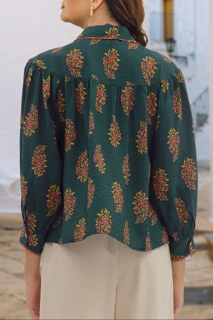 LALA LOO Plus Size Floral Lace Trim Buttoned Shirt