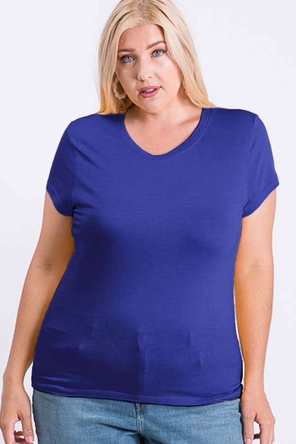 Plus Size V-Neck Basic Short Sleeve Solid Tee Cotton Top